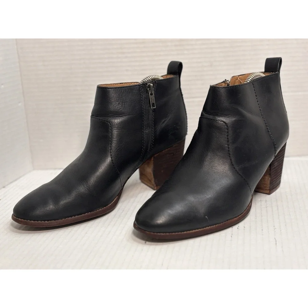 Madewell The Brenner Black Leather Ankle Boots Block Heel Side Zip Womens 9‎